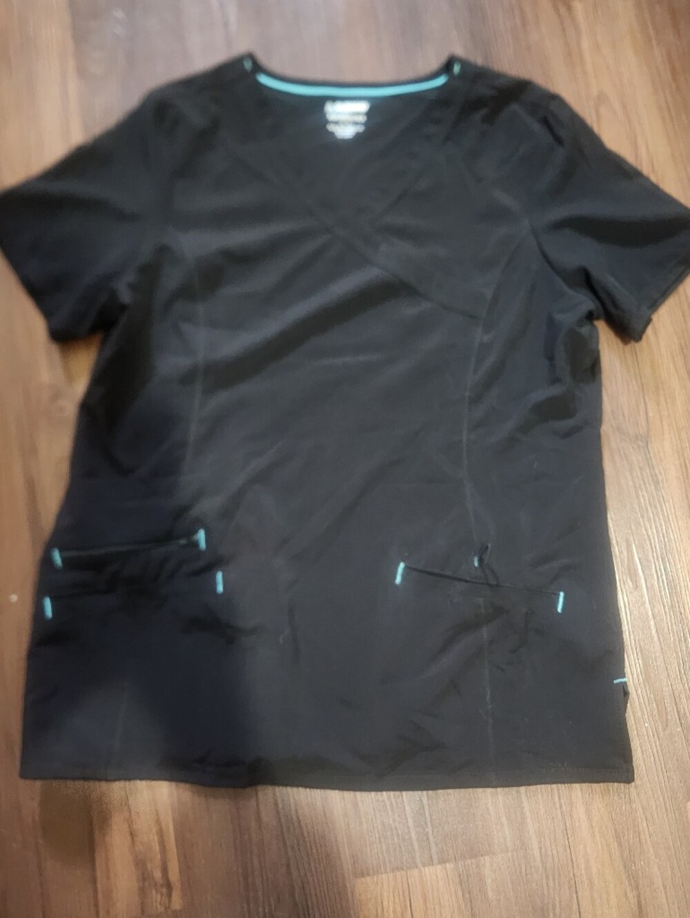 Scrubstar Black Short-Sleeve V-Neck Medical Top with Teal Stitching
